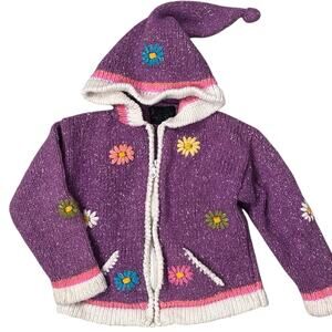 Native Knit Girls Full Zip Cardigan Sweater Pixie Hood Wool Blend Floral Purple